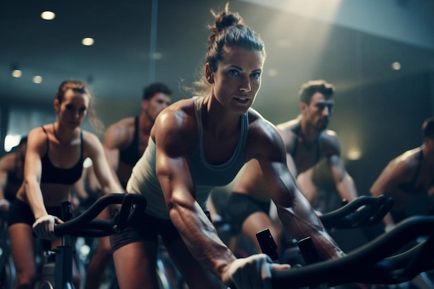 une femme est assise sur un tapis roulant et regarde ses muscles.