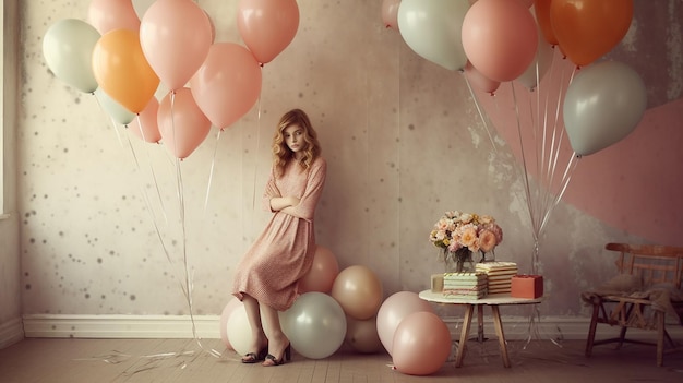 Une femme est assise sur un tas de ballons devant une table avec un bouquet de fleurs.