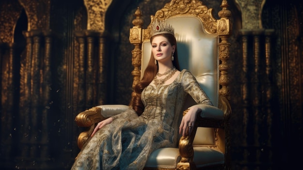 Une femme est assise sur un trône d'or.