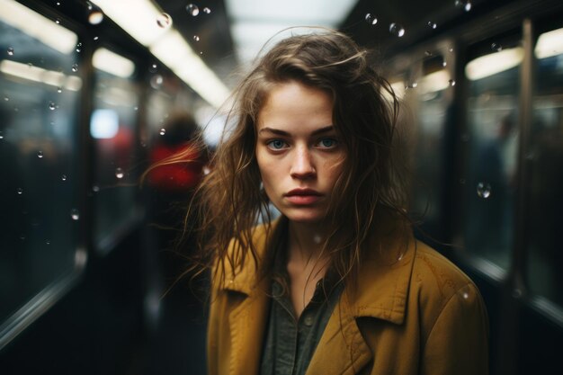 une femme est debout dans un métro avec des gouttes de pluie sur le visage