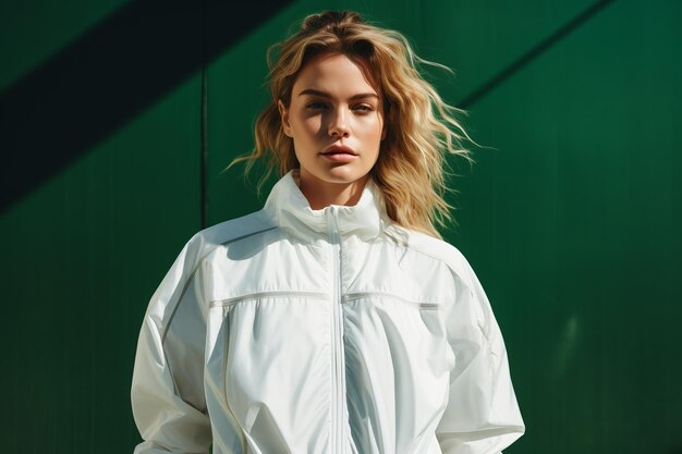 La femme est debout sur fond vert portant une veste blanche Belle image d'illustration