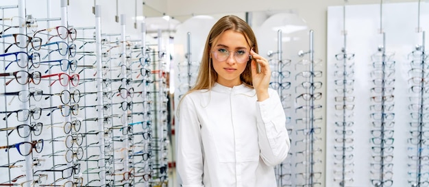 Femme est debout avec des lunettes brutes en arrière-plan dans un magasin d'optique Stand avec lunettes Correction de la vue Fille à lunettes pose devant la caméra