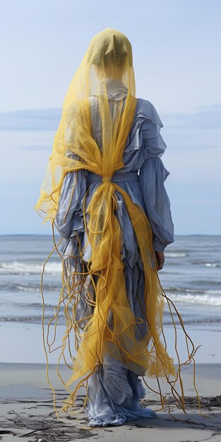 Photo une femme est debout sur la plage avec un foulard attaché autour de son cou