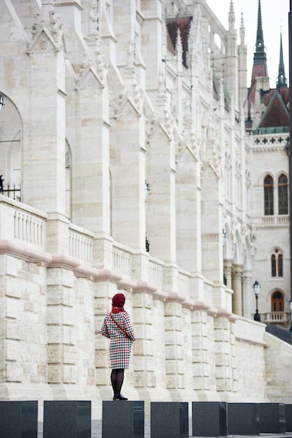 Femme est debout avec son dos en regardant le Palais du Parlement à Budapest, Hongrie