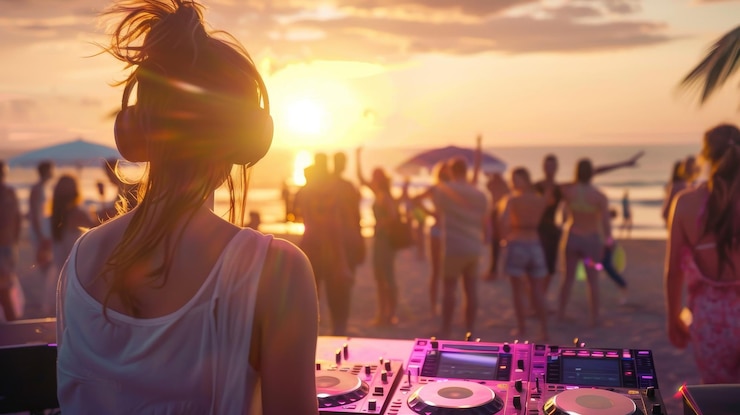 Photo une femme est dj à une fête sur la plage avec une foule de gens