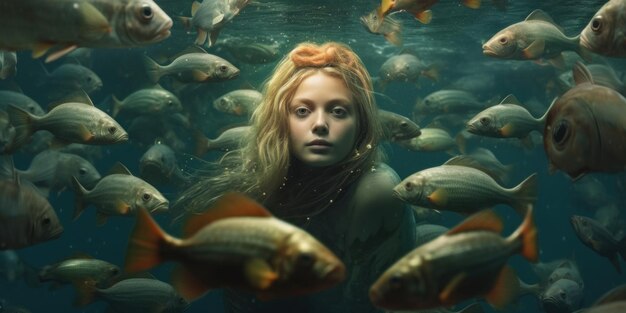 Une femme est entourée de poissons dans l'eau Image AI générative