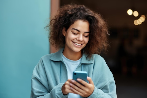 Une femme est photographiée en train de sourire en regardant son téléphone portable.