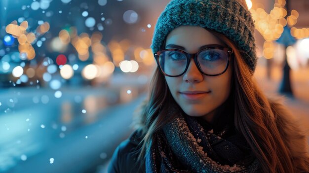 Photo une femme est représentée portant des lunettes et un chapeau tricoté cette image polyvalente peut être utilisée pour dépeindre des accessoires de mode d'hiver, des lunettes ou un look hivernal confortable