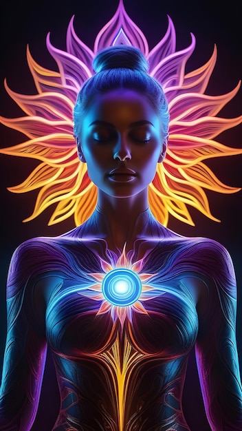 Photo la femme est le soleil dans les couleurs du néon l'énergie coule à travers le corps