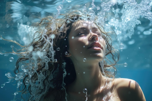Une femme est sous l'eau avec des bulles qui sortent de ses cheveux ai