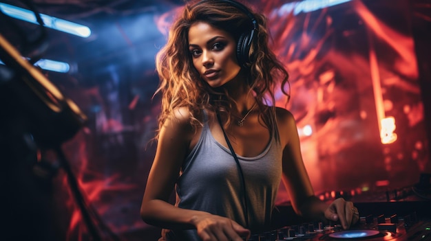 Femme étant DJ à la vue de face de la fête