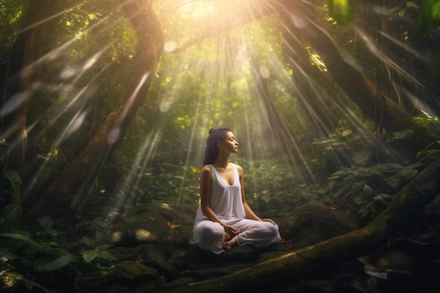 Femme en état de méditation dans la forêt céleste magique avec une végétation luxuriante et des arbres et de la lumière r