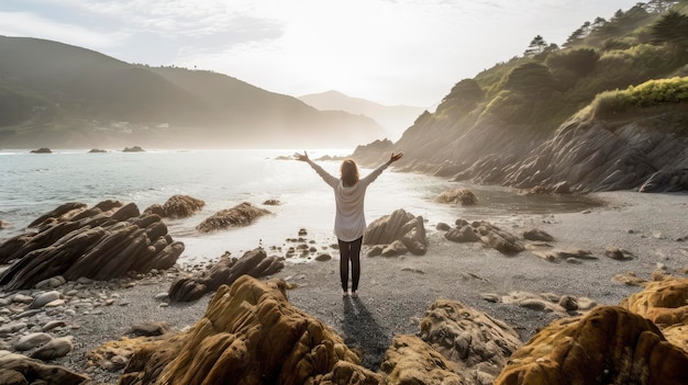 Une femme étend ses mains sur un rivage rocheux