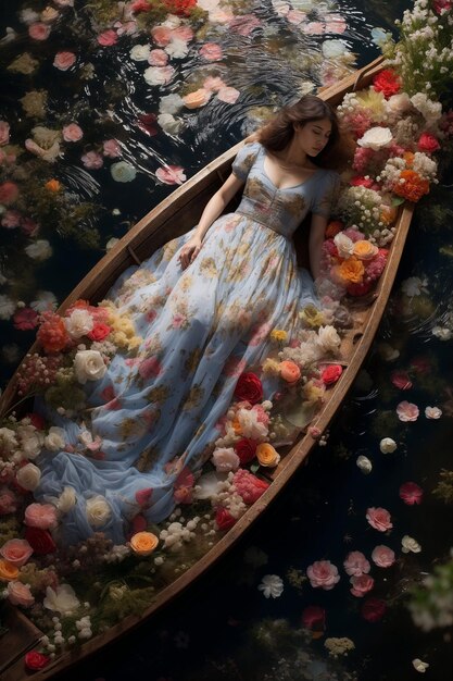 Photo une femme éthérée dans un bateau orné de fleurs sur l'eau