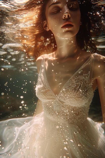 Une femme éthérée dans l'eau avec des cheveux roux et une robe blanche