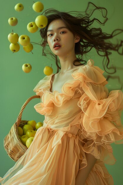 Photo femme éthérique en tulle de pêche avec des pommes vertes flottantes sur fond de menthe rêveur surréaliste