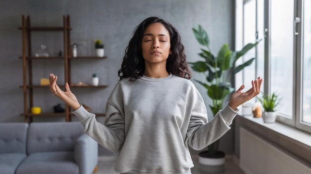 Une femme ethnique soulagée se tient en pose de lotus et essaie de méditer pendant la quarantaine ou le confinement.