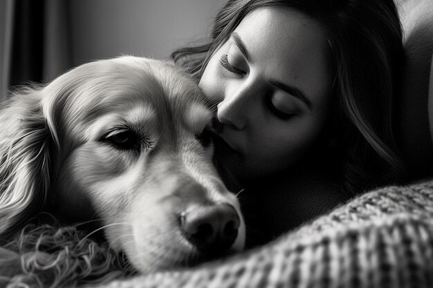 Photo une femme étreint un chien et le mot chien est sur le devant de l'image.