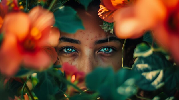 Photo femme d'europe aux yeux verts, visage tacheté avec une fleur d'oréenne dans le jardin.