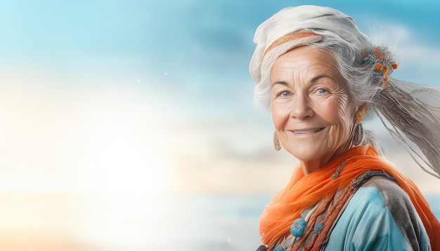 Femme européenne aux cheveux gris de 60 ans portant un turban sur la plage