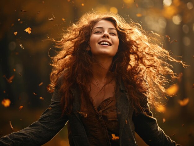 Femme européenne dans une pose dynamique émotionnelle sur fond d'automne