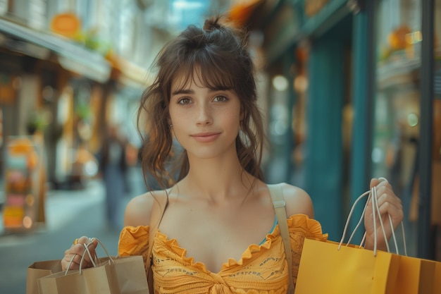Une femme européenne élégante sortant d'un magasin avec deux sacs d'achat dans chaque bras embrassant le style d'été