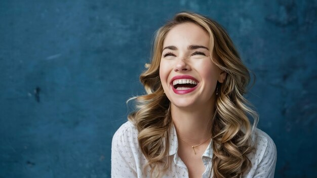 Une femme européenne joyeuse riant photo intérieure d'une fille romantique exprimant son bonheur