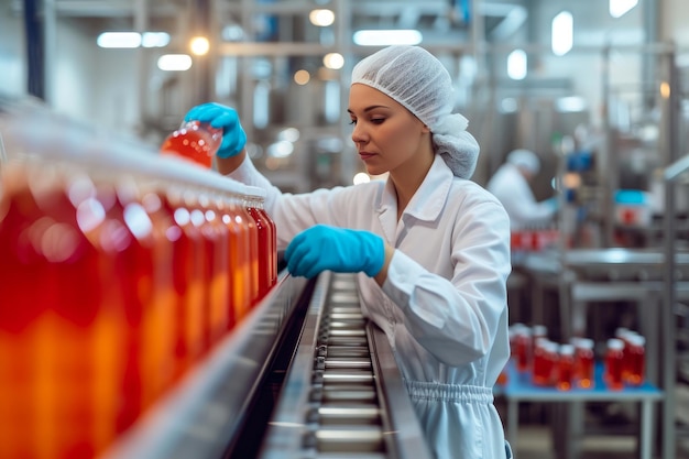 Photo une femme examine le jus de fruits en bouteille sur la chaîne d'usine