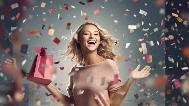 Photo femme excitée félicitations fond célébration fond confetti joie fille célébrant la vie