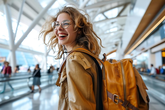 une femme excitée porte un sac à dos à l'aéroport