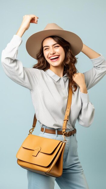 une femme excitée posant sur un fond léger dans une chemise