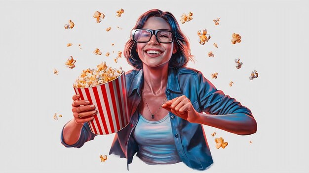 Une femme excitée qui mange du pop-corn en regardant un film en 3D sur fond blanc