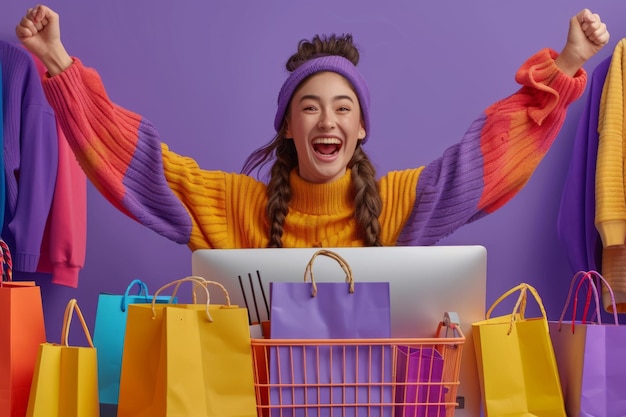 Une femme excitée avec des sacs d'achat.