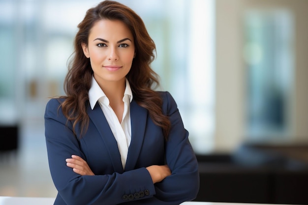 Une femme exécutive hispanique debout dans un bureau moderne vêtue d'une tenue d'affaires formelle