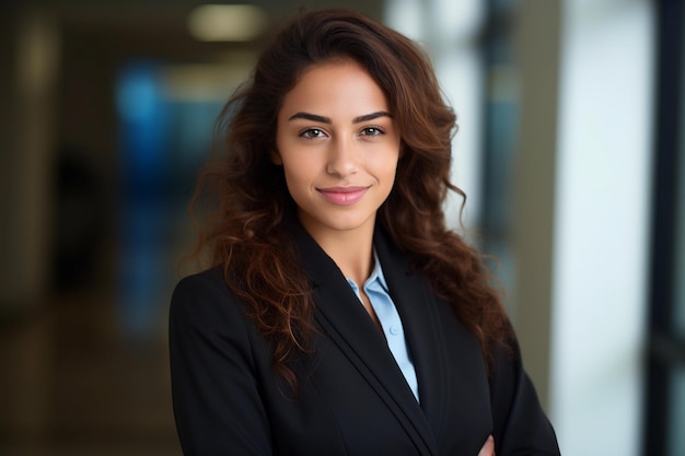 Une femme exécutive hispanique debout dans un bureau moderne vêtue d'une tenue d'affaires formelle