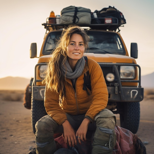 Femme exploratrice 4x4 aventure hors route dans le désert