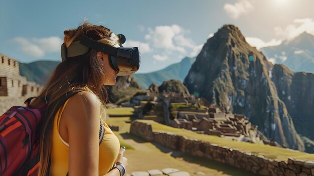 Photo une femme explore un temple inca avec un casque de réalité virtuelle