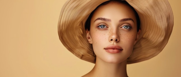 Une femme à l'expression sereine pose dans un chapeau beige à large bord ses taches de rousseur ajoutant du caractère à sa peau impeccable la simplicité de la toile de fond accentue ses yeux bleus frappants et ses traits doux