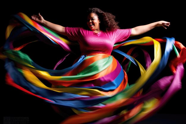 Photo une femme expressive plus grande libérant la joie à travers la danse du ruban ai générative