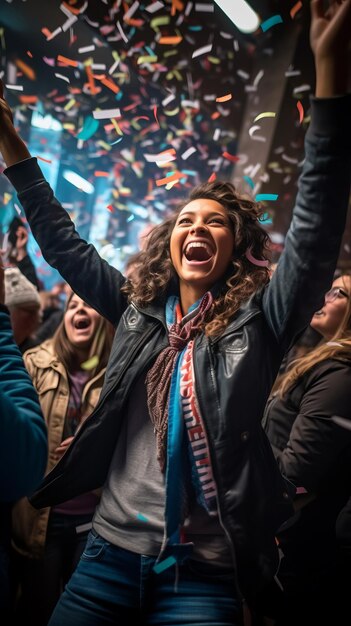 Une femme en extase fête avec les bras levés dans une foule.