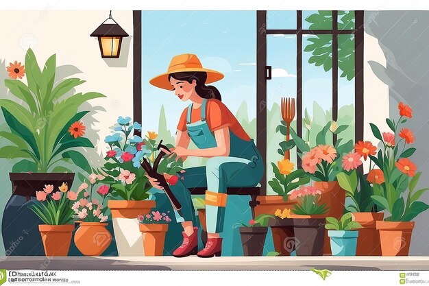 Femme à l'extérieur avec des fleurs vecteur dame de jardinage personne isolée avec des pots et des outils pour la culture de la flore pour la décoration de la maison personne isolée style plat