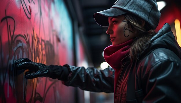 Femme faisant du graffiti cyberpunk avec de la peinture en aérosol dans la rue