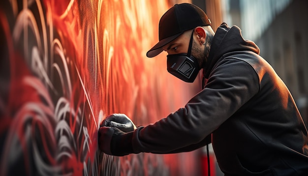 Femme faisant du graffiti cyberpunk avec de la peinture en aérosol dans la rue