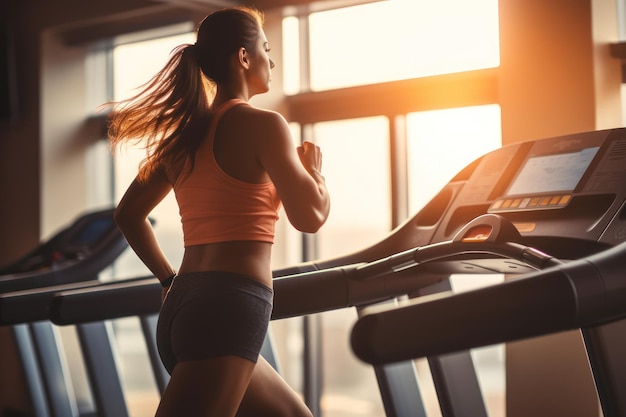 Femme faisant du jogging sur les appareils d'exercice dans la salle de sport Generative Ai