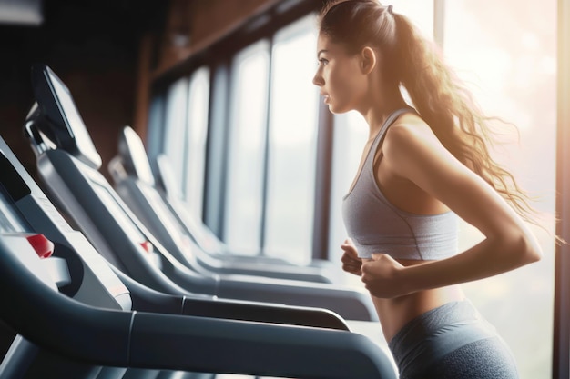Femme faisant du jogging sur les appareils d'exercice dans la salle de sport Generative Ai