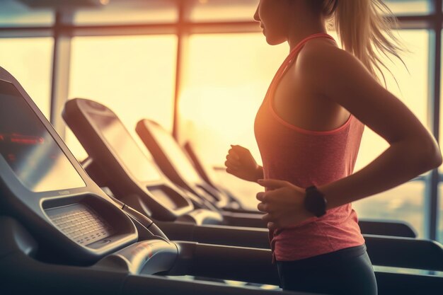 Femme faisant du jogging sur les appareils d'exercice dans la salle de sport Generative Ai