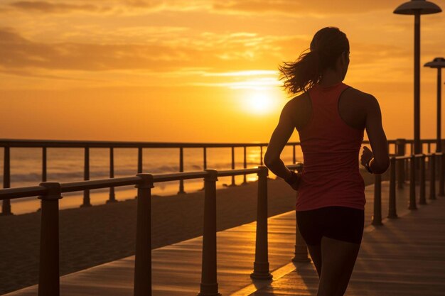 Photo une femme faisant du jogging le long d'une jetée avec le soleil qui se couche derrière elle