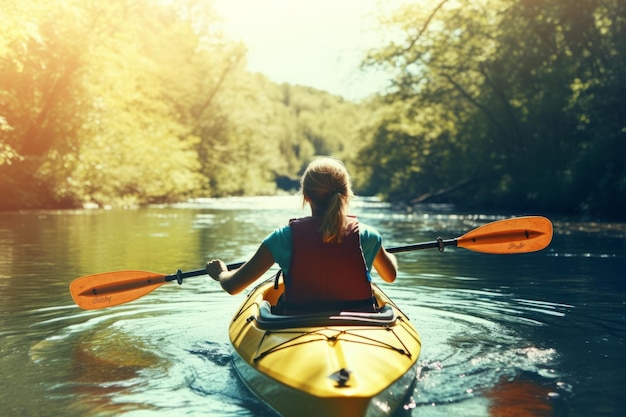 Une femme faisant du kayak sur une rivière avec un kayak jaune en arrière-plan.