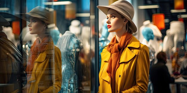 Femme faisant du shopping dans un grand magasin avec des mannequins et des vêtements exposés