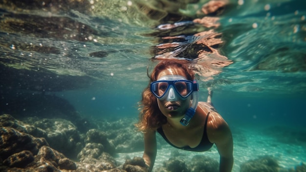 Une femme faisant du snorkeling dans la mer avec un masque sur la tête.